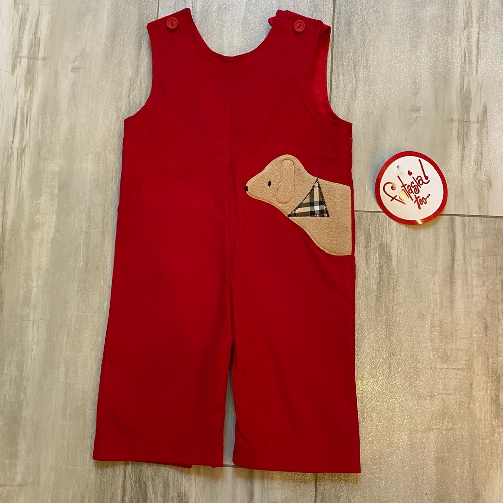 NWT Funtasia Too! Vibrant Red Corduroy Plaid Dog Longall Romper Overall boys 9M